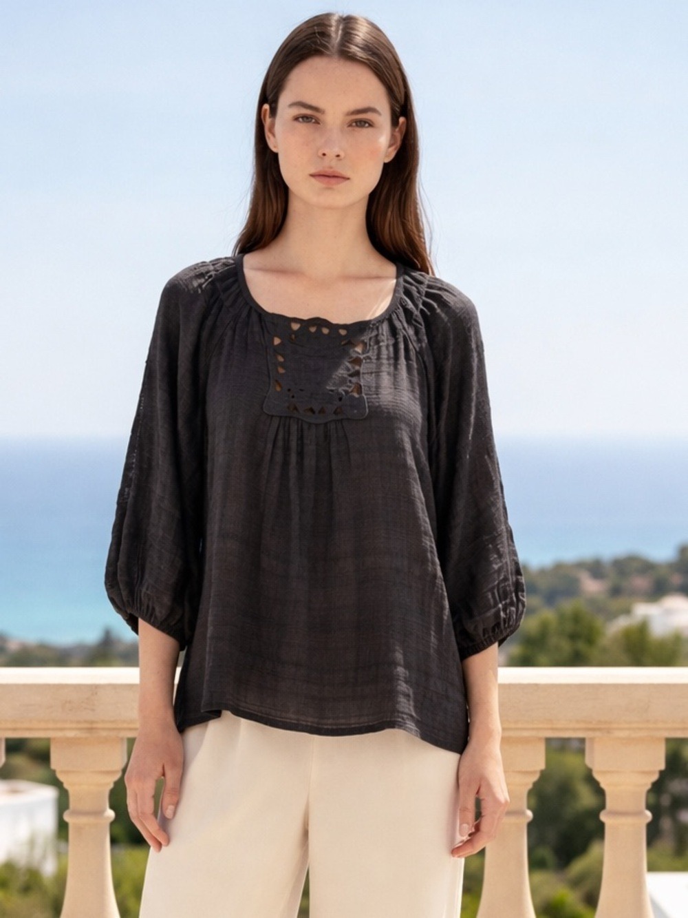 NWT Max Studio Black Blouse Size S Crochet Detail Boho Cottagecore Ethereal Top